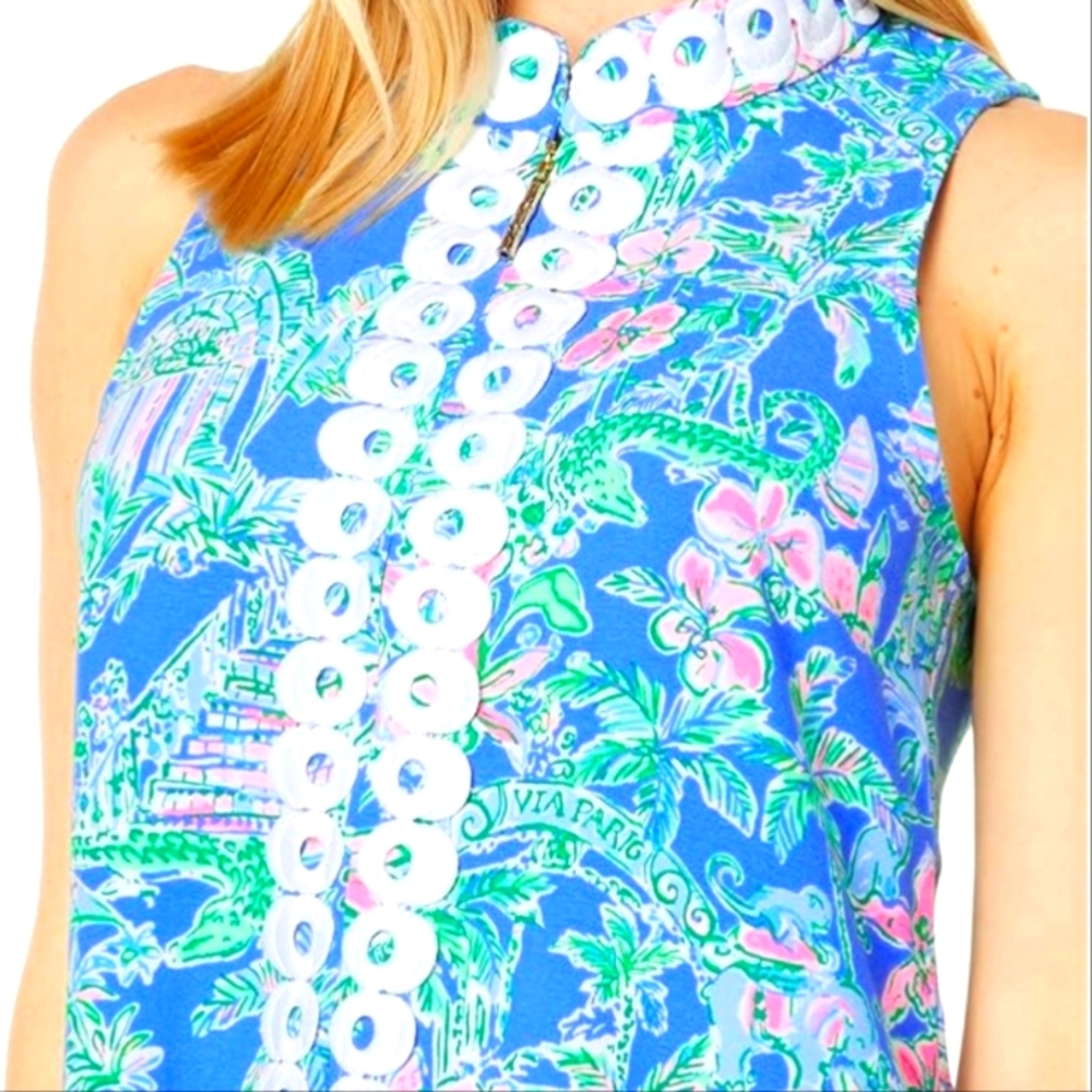 Lilly Pulitzer Bright Blue Tropical Mini Dress with Pink & Green Print